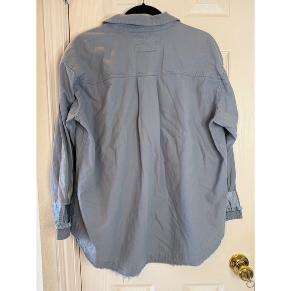 Free People Night Moves Button Down Blue Ruffle Satin Boho Shirt Small - Picture 6 of 8